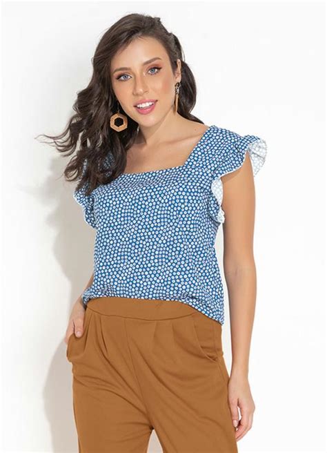 Blusa Floral Azul Decote Quadrado Moda Pop