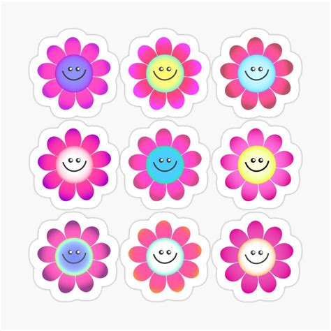 Pink Colorful Happy Smiley Face Daisy Flower Sticker Set