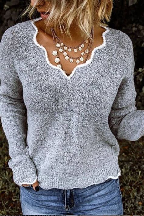 Solid Color Casual V Neck Long Sleeves Sweater CurveDream