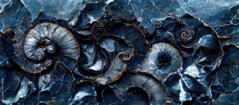 Fossilized Ammonite Sea Shell Spirals Embedded Into Dark Cobalt Blue