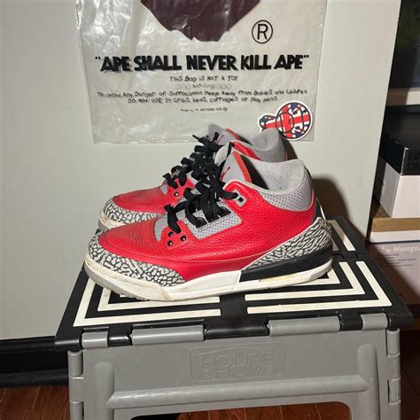 Jordan 3 Red Cement size 6.5Y No box Heavily worn... - Depop