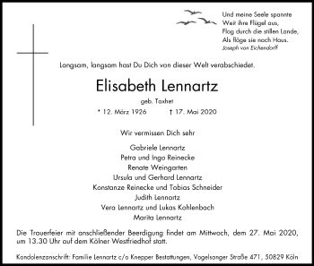 Traueranzeigen Von Elisabeth Lennartz WirTrauern