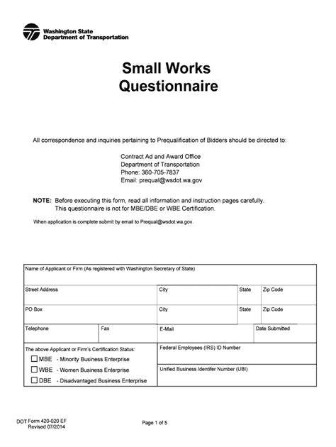 Fillable Online Wsdot Wa Small Works Questionnaire Washington State