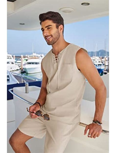 Buy COOFANDY Mens Linen Sets Outfits 2 Piece Beach Drawstring Tank Tops