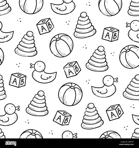 Hand drawn seamless pattern of baby toy elements, ball, pyramid, duck. Doodle sketch style. Baby ...