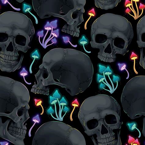 Vector Seamless Pattern With Neon Psychedelic Mushrooms And Black Human