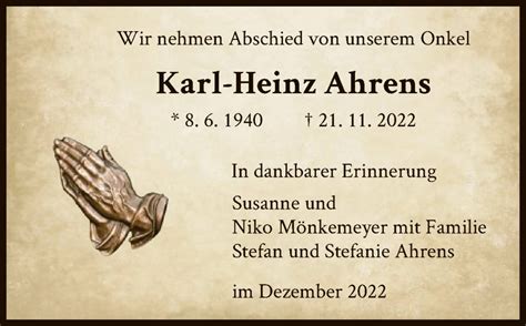 Traueranzeigen Von Karl Heinz Ahrens Trauer Hna De