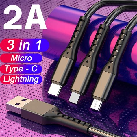 3 In 1 Fast Charging Cable Usb Micro Type C Lightning Compatible