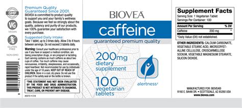 Caffeine 200mg 100 Tablets | BIOVEA Dietary Supplements