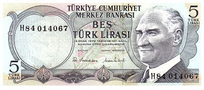 Billet Turquie 5 Lirasi Pdt Ataturk Cascade 1976 série H