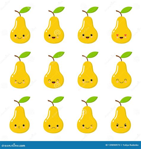 Cute Vector Set Of Yellow Pear Fruit Character In Different Action