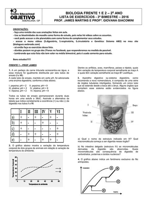 Lista De Exerc Cios Bio Frente E Bim Profs James E Giovana