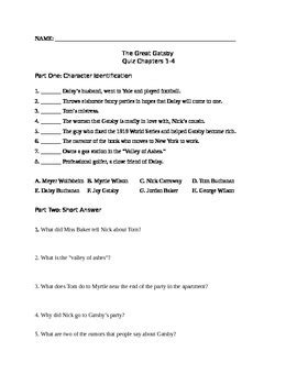 The Great Gatsby Quiz Chapters 1 4 By Brittany S Bargains TPT