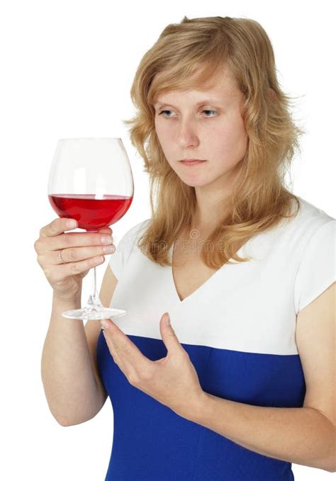 Woman Holding Glass Of Red Wine On White Stock Image Image Of Serious