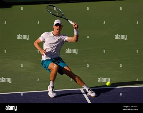 March 14 2022 Denis Shapovalov Of Canada Returns A Shot Against Reilly Opelka During The 2022