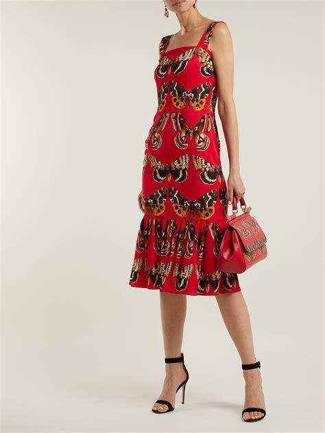 Butterfly Print Silk Blend Midi Dress Dolce Gabbana