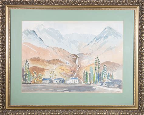 20th Century Watercolour Mountain Scene With Village Signed By