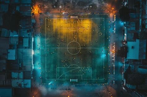 Premium Photo | Aerial view of the football stadium Football training in the illuminated stadium ...