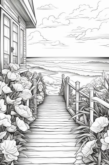 Premium Photo A Drawing Of A Beach House With A Wooden Walkway