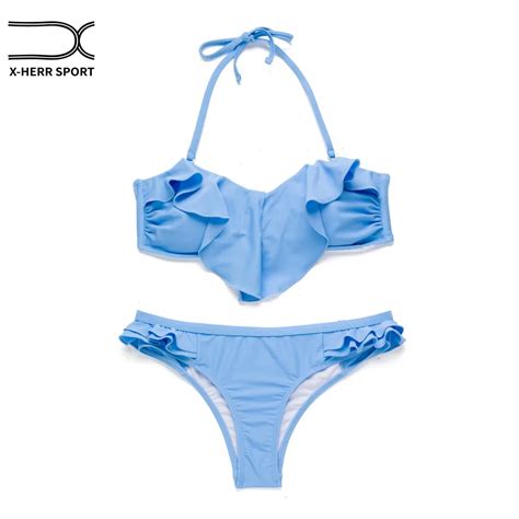 Women Ruffle Bikini Set Bandeau Push Up Padded Swimsuit Blue