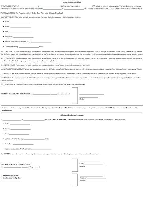 Bill Of Sale Alaska Printable Dmv Bos For Car And Vehicles