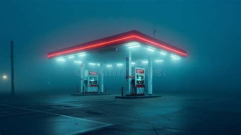 A Gas Station At Night Alone In The Street Fog With Neon Light