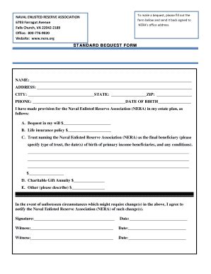 Fillable Online Nera Standard Bequest Form Nera Fax Email Print