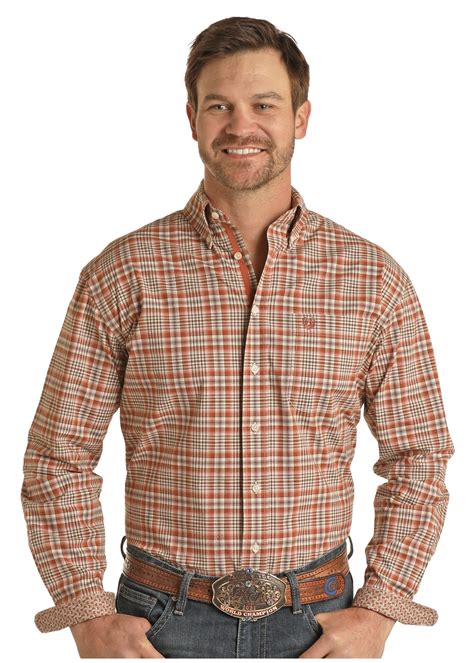 Rough Stock Mens Long Sleeve Tech Button Crest Rust