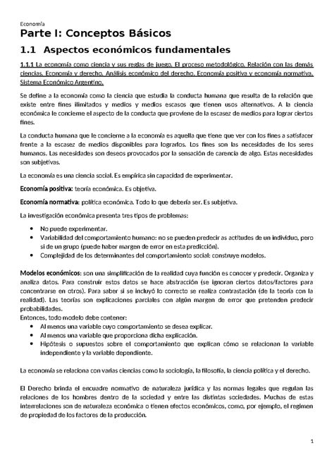 Resumen economia primer parcial Parte I Conceptos Básicos 1 Aspectos