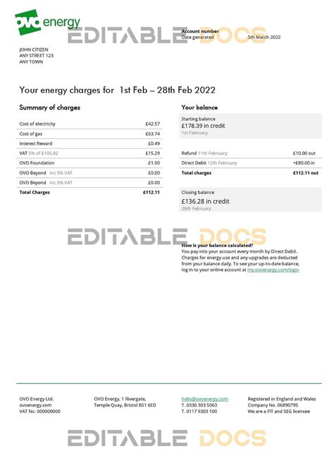 United Kingdom Ovo Energy Electricity Bill Word And Pdf Template Editable Docs Medium