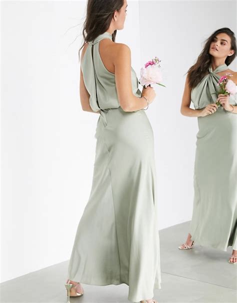 Asos Edition Satin Ruched Halter Neck Maxi Dress In Sage Green