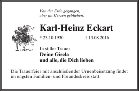 Traueranzeigen Von Karl Heinz Eckart Trauer Anzeigen De