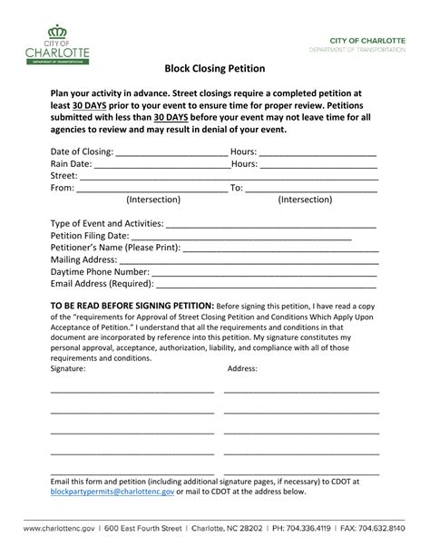 City Of Charlotte North Carolina Block Closing Petition Fill Out