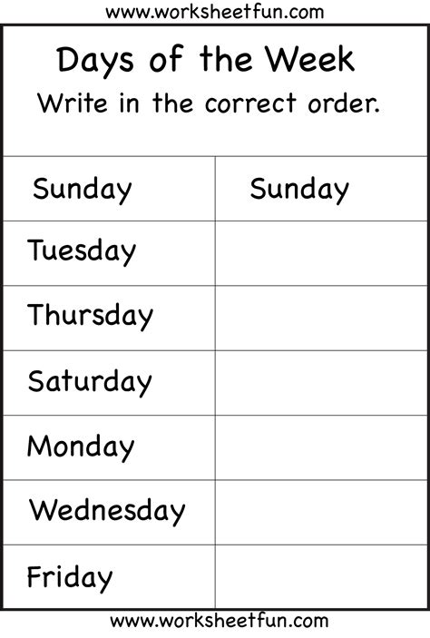 Days Of The Week Printable Worksheets