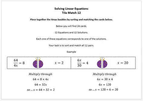 Ks Gcse Christmas Algebra Solving Linear Equations Tile Match