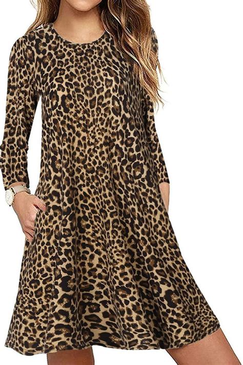 CNFIO Kleider Damen Leopard Blusenkleid Langarm Kleider Knielang Mit