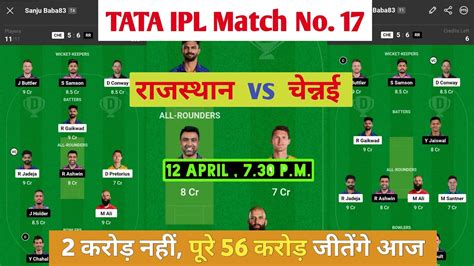 Rr Vs Csk Dream11 Team Csk Vs Rr Rajasthan Royals Vs Chennai Super