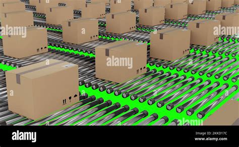 Rows Of Cardboard Packing Boxes Moving On Conveyor Belts With Green