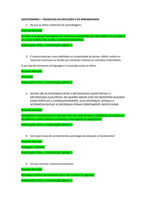 Questionário I E II Psicologia QUESTIONÁRIO I PSICOLOGIA DA