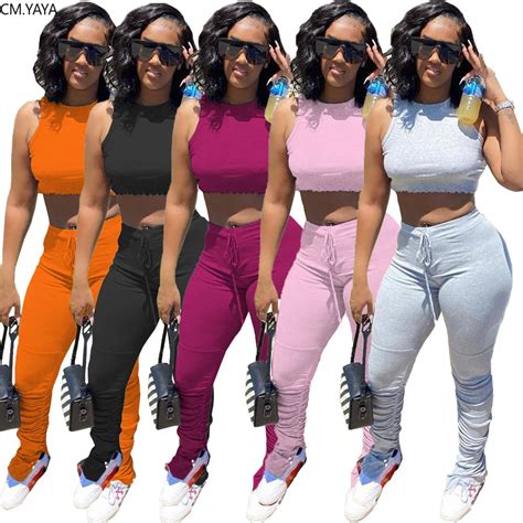 Cmyaya Women Sport Stacked Jogger Suit Two Piece Set Fashion Tank Top