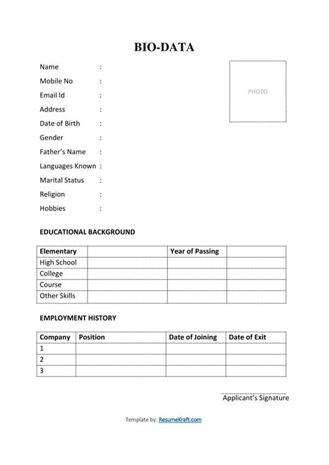 20 Sample Bio Data Formats For Job Pdf Word Free Download Blank Biodata