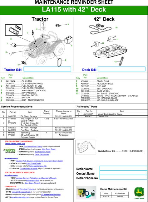 La11542deck Fb Maint Sheet La115 42 Deck Lawn Tractor