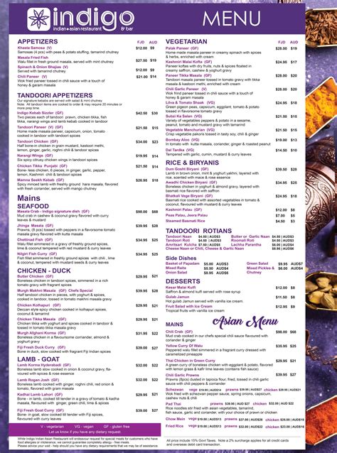 Authentic Indian And Asian Cuisine Menu Indigo Restaurant Port