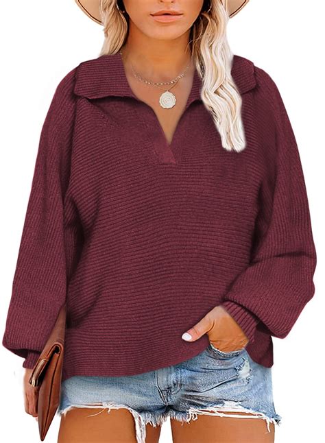 Eytino Women Oversized Sweater Plus Size Sweaters Casual Long Sleeve Loose V Neck Button Henley