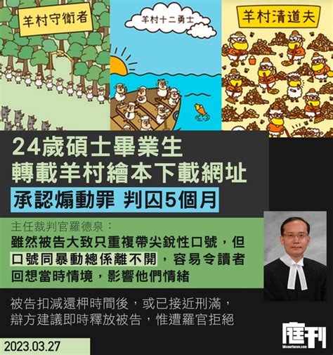 涉轉載「羊村繪本」網址 還押近3個月男被告認煽動判囚5個月 辯方建議法官下令即時釋放遭拒 庭刊