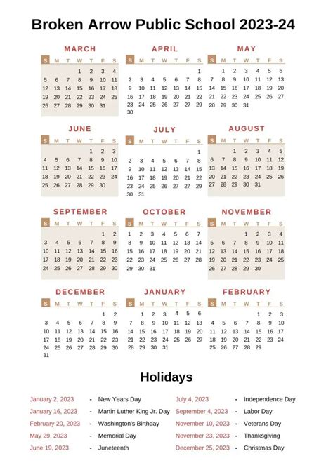 Broken Arrow Public Schools Calendar [BAS] 2023-24 Holidays