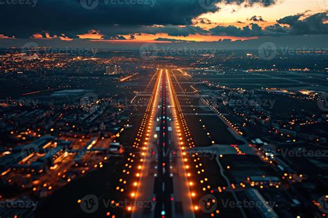 Beautiful Top View Of The Airport Runways At Night Generated By