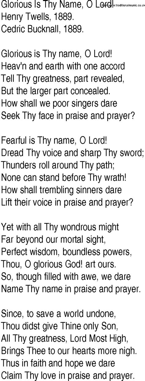 Hymn And Gospel Song Lyrics For Glorious Is Thy Name O Lord By Henry