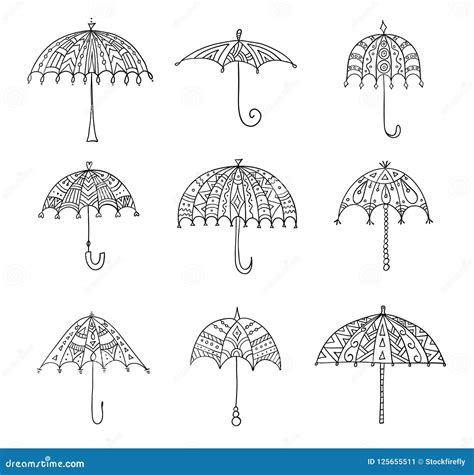 A Set Of Vector Doodle Umbrellas Elements Of Design Stock Vector Illustration Of Sign Line