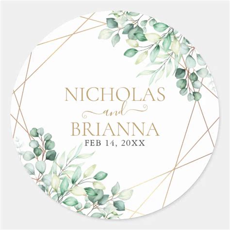 Elegant Greenery Eucalyptus Gold Geometric Wedding Classic Round Sticker Zazzle